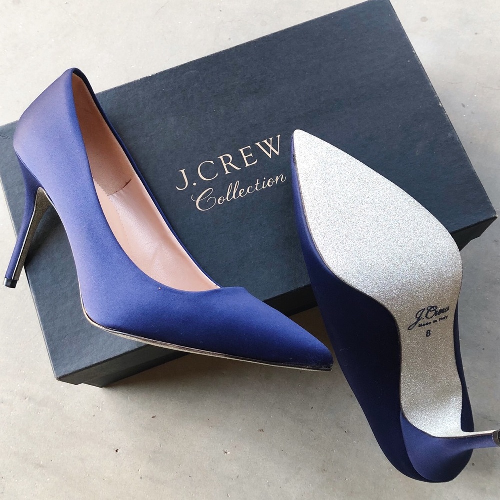 J. CREW ✨NIB✨ Elsie Navy Satin Glitter Sole Pumps